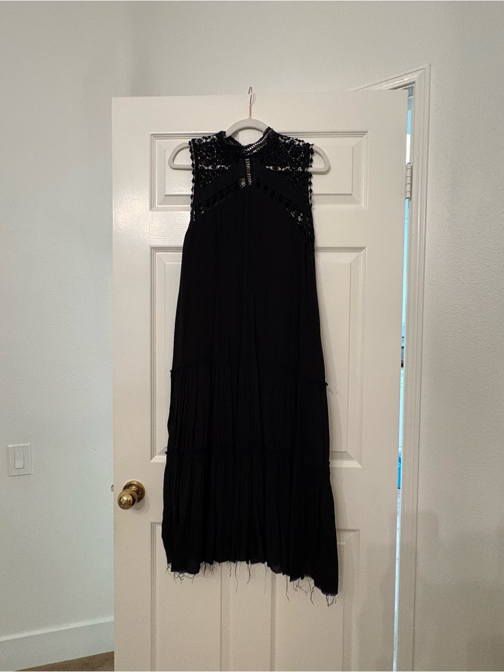 Fate Sleeveless Black Crochet-Yoke Tiered Maxi Midi Dress